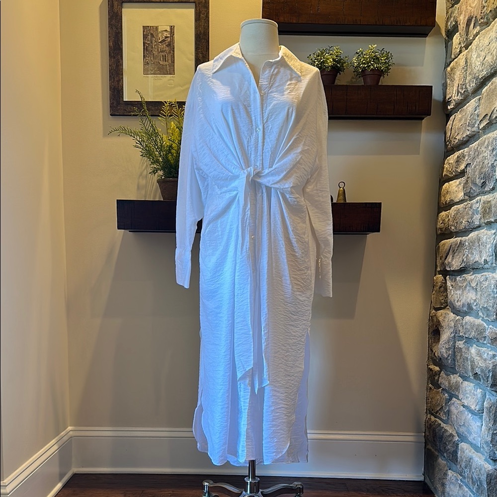 H&M WOMEN'S SHIRT LONG-SLEEVE TIE FRONT MIDI DRESS